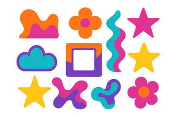 Colorful vector flat illustration of various abstract shapes and designs in playful colors arranged on a white background