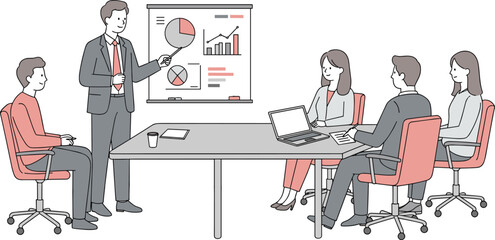 Business team in corporate meeting with presentation, manager showing data charts, office discussion, teamwork strategy session, analytics report, cartoon vector illustration on white background
