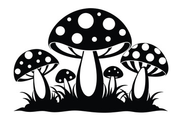 Silhouette of Mushrooms with Spots in Grass, Black Fungi Illustration Vector