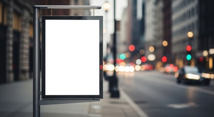 Blank billboard on city street with blurred cars and buildings. Space to add your own message.