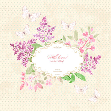 card with watercolor Syringa, crab apple blooming branches. vintage craft lable with watercolour painting of bunch flowering woody plants lilac, crabapple on grungy background and butterflies