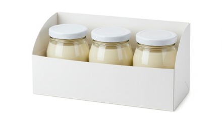 coconut milk pudding jars packed in triple set box isolated on a neutral background for product presentation