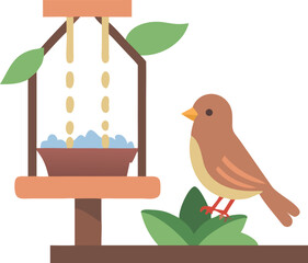 A charming, flat illustration depicts a bluebird perched on a wooden bird feeder with a simplified, sunny sky and a hint of greenery.
