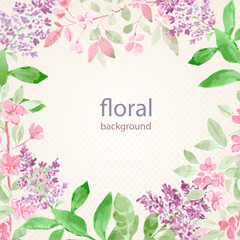 square border of watercolor Syringa, crab apple blooming branches. frame of watercolour painting of flowering woody plants lilac, crabapple on polka dots background