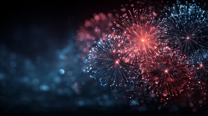 Red And Blue Fireworks Display Against Dark Night Background