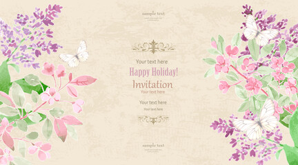 vintage card with watercolor Syringa, crab apple blooming branches and butterflies. invite with watercolour painting of bunch flowering woody plants lilac, crabapple on grungy background