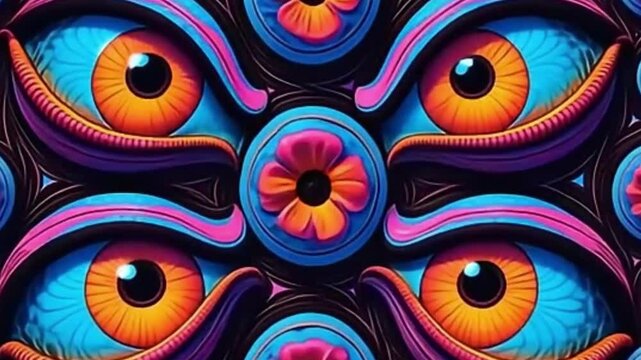 Abstract retro eye pattern with bright trippy colors in looped animation


