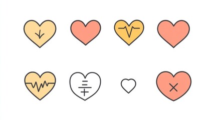 Collection of heart icons with various medical symbols