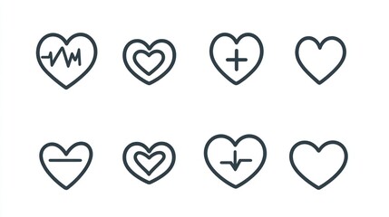 Set of nine simple heart icons with various medical symbols