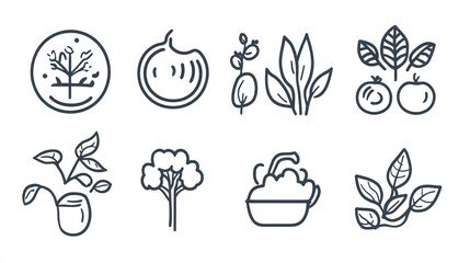 Simple line art icons of various plants and produce