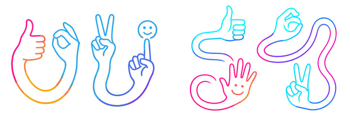 Creative hand gestures representing various emotions and expressions in vibrant colors and fluid lines