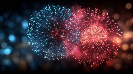 Fototapeta premium Blue and Red Fireworks Display at Night with Bokeh Background
