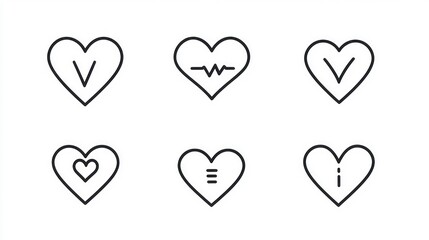 Six simple heart icons with different symbols
