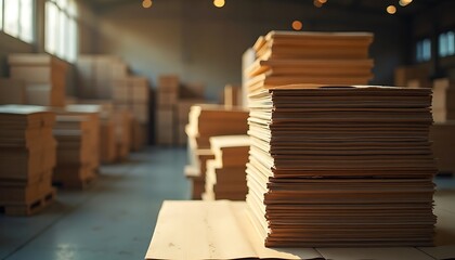 Obraz premium Stacks of brown paper sheets, warehouse setting, production or delivery.