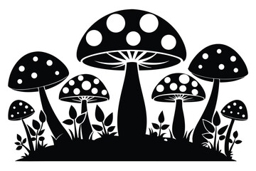 Black Silhouette of Spotted Mushrooms with Grass and Leaves in a Fairy Ring Illustration
