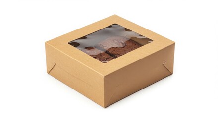 brownie fudge duo in paper dessert box with transparent window isolated on a white background for food photography, confectionery and gift purposes