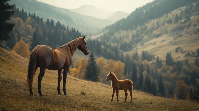 Horses in a mountain meadow at autumn