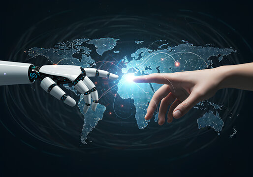 Global communication network with a businessman's hand touching a digital earth globe, representing future business technology and social media connection
