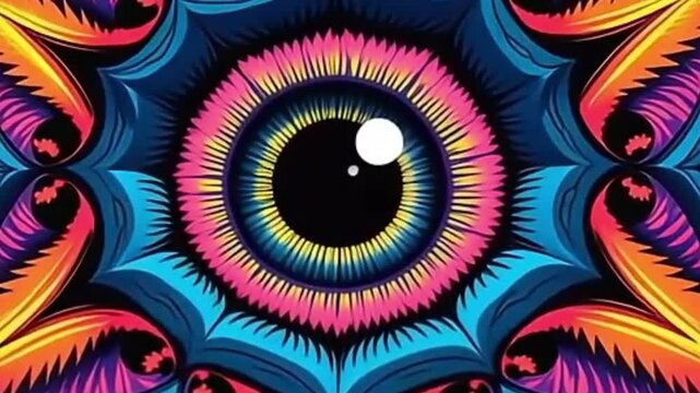 Retro psychedelic vector loop background with rotating hypnotic eye graphics

