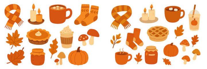 Autumn inspired cozy elements with warm colors and seasonal treats arranged aesthetically