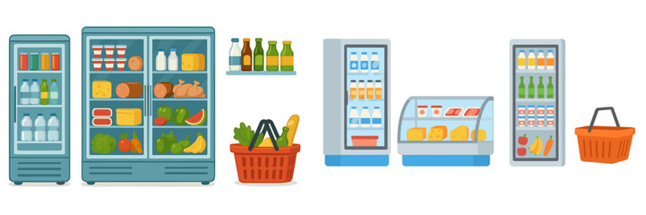 Grocery display with various food items and drinks available in different refrigerated sections at a store