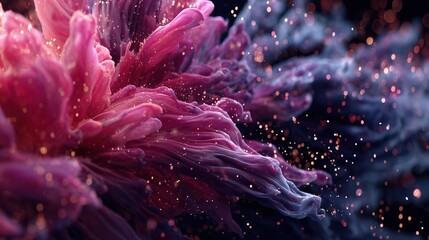 Organic Flow of Vivid Pink Petals in Motion with Glowing Orange Dots on Dark Background

