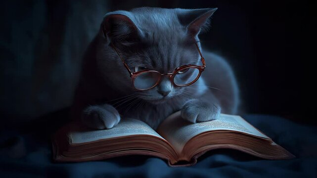 Gray Cat Reading Book with Glasses in a Cozy Dark Setting for Pet Blogs, Literary Websites, Online Book Clubs, Cat Lovers' Social Media, and Whimsical Art Content  