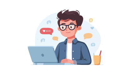 A cartoon illustration of a young man with dark hair and glasses sitting in front of a silver laptop. He is smiling and appears to be working or using the computer.  The style is vector-based,