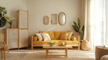 Sunny living room with a beige and yellow color scheme