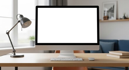 Modern desktop computer with blank screen on wooden desk in home office