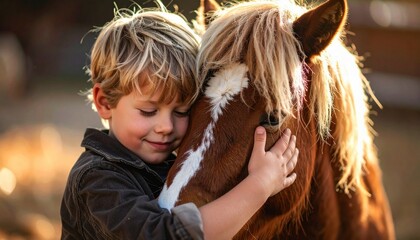 Child hugging pony .A touching bond between a Child and an Animal
