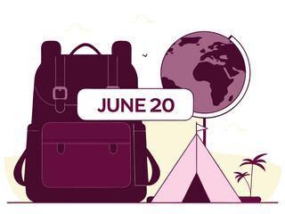 Backpack, globe with walking person icon, tent, and June 20 calendar, advocacy-style infographic