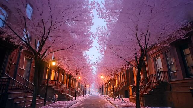 Enchanting Cherry Blossom Street in a Quaint Urban Neighborhood at Twilight