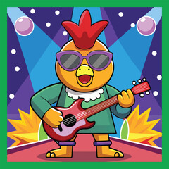 Cartoon Chicken Rock Star with Sunglasses Playing Guitar on Stage Illustration