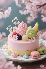 Pastel Spring Cake with Macarons and Fruits Decorated with Sakura Blossoms