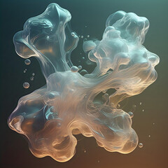 Fototapeta premium A translucent amorphous substance smoke or liquid swirling and forming intricate organic shapes against a dark gradient background with some smaller bubbles or droplets dispersed around it
