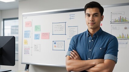 A young man in a denim shirt stands confidently with crossed arms in front of a whiteboard covered with notes and charts