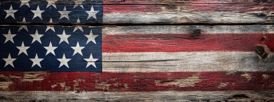 Aged American flag painted on weathered wood planks