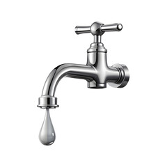 silver water tap with drop. Chrome steel faucet with dripping water isolated on a transparent background