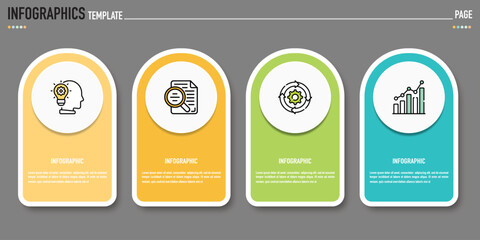 Rectangular infographic template or element with 4 step, process, option, colorful rectangle, icons, triangle, paper origami, button, tag, circle, circular, square bar for sale slide, internet planner