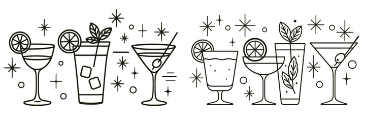 Colorful vector flat illustration of various cocktails and drinks served at evening events during summer gatherings