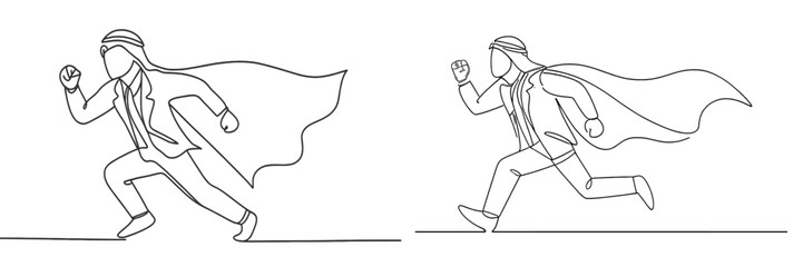 Dynamic superhero character in flowing cape racing forward in a minimalist flat vector illustration style