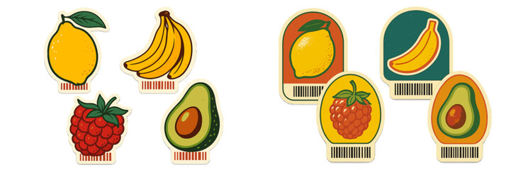 Colorful vector flat illustration of fruit labels featuring lemon, banana, raspberry, and avocado designs on a light background