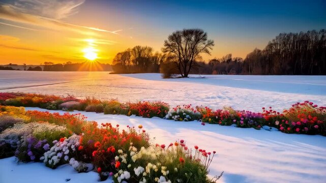 Vibrant floral display in winter landscape with snow covering field under a bright sunset, showcasing colorful flowers