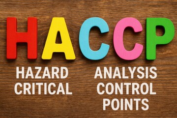 HACCP in Action Colorful Wooden Letters on Rustic Table Educational Content Vibrant Environment