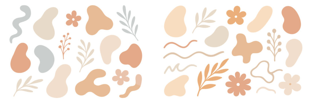 Abstract vector flat illustration featuring organic shapes and floral elements in soft pastel colors for modern design projects