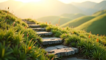 Fototapeta premium Stone steps leading up a grassy hill towards distant mountain range.