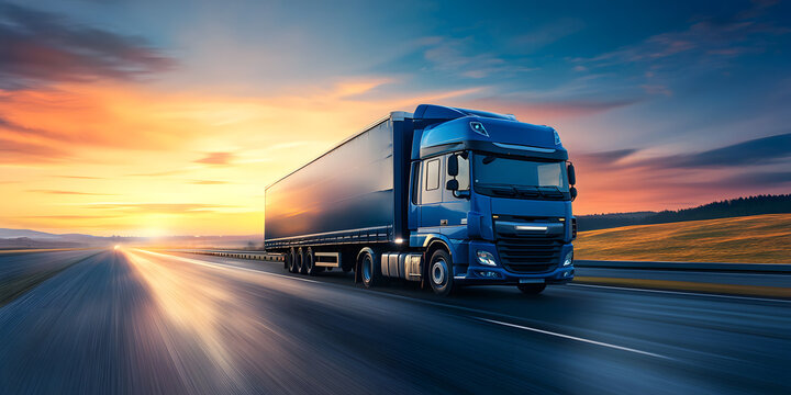 Blue truck driving on highway at sunset with dramatic sky and blurred motion effect