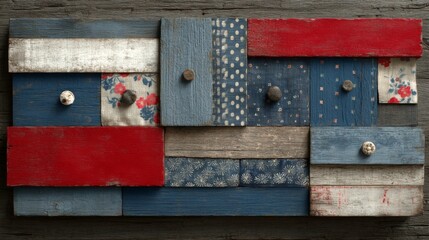 Rustic Red Blue White Patchwork Wood Wall Art