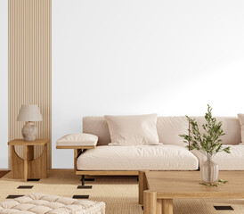  Minimalist beige sofa with lamp and wooden table in Japandi style – front view – transparent wall mockup with Realistic Shadows – 3D render
